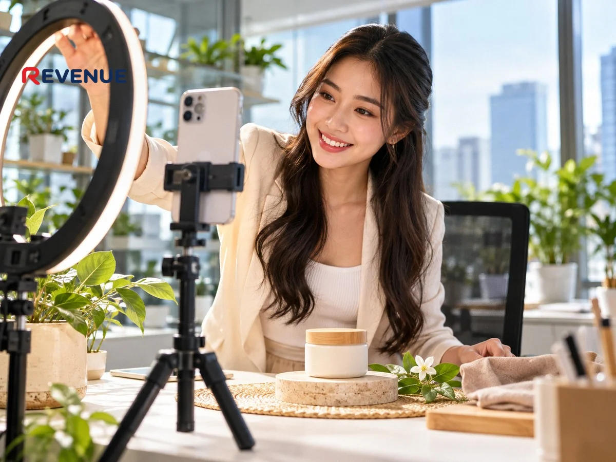 Nhà tiếp thị Việt quay video sản phẩm dọc bằng điện thoại trên tripod trong văn phòng sáng