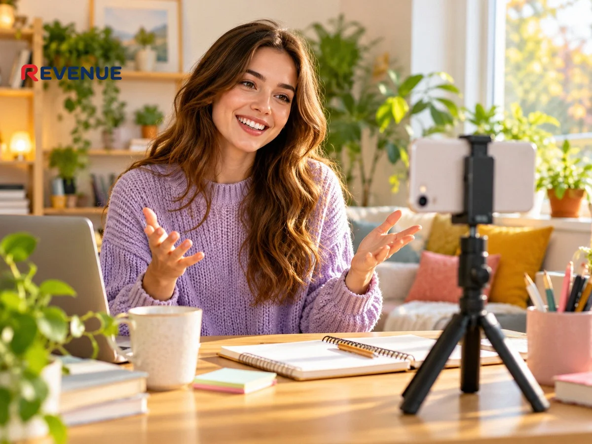 Cô gái trẻ ngồi bàn quay video TikTok bằng điện thoại trên tripod để tăng view