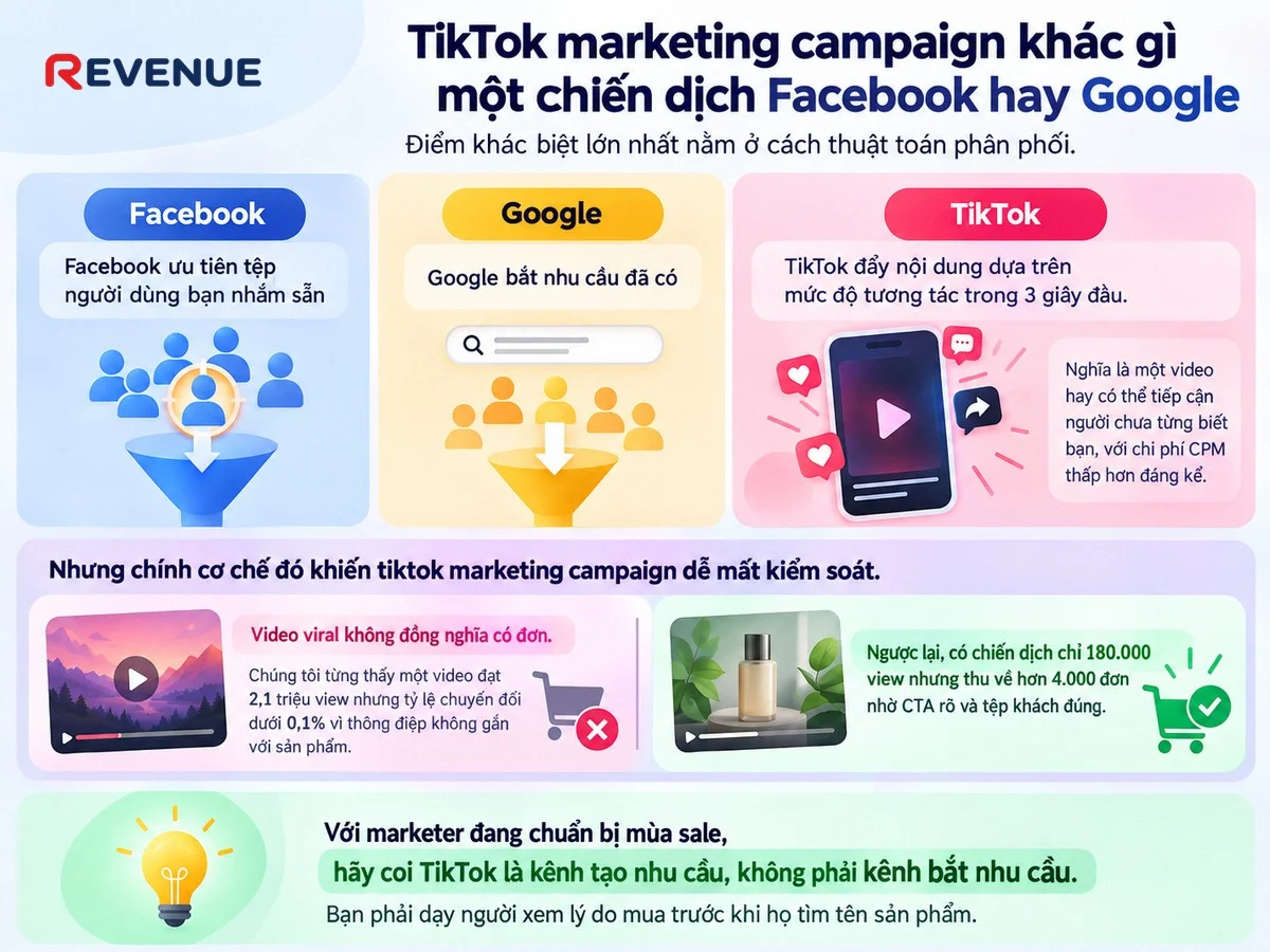 TikTok marketing campaign khác gì một chiến dịch Facebook hay Google khi thuật toán đẩy nội dung theo tương tác 3 giây đầu