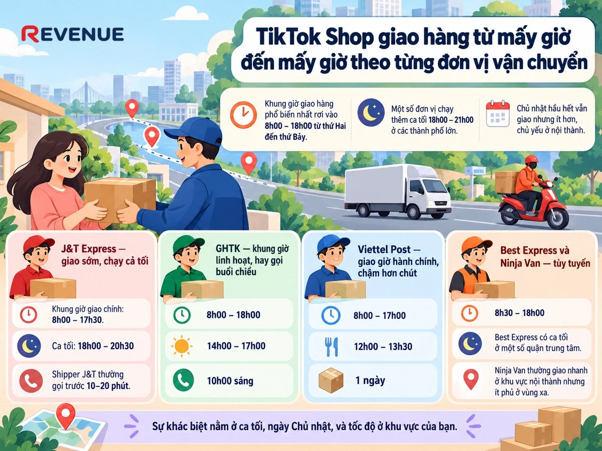 TikTok Shop giao hàng từ mấy giờ đến mấy giờ theo từng đơn vị vận chuyển, phổ biến nhất là 8h00 – 18h00 từ thứ Hai đến thứ Bảy