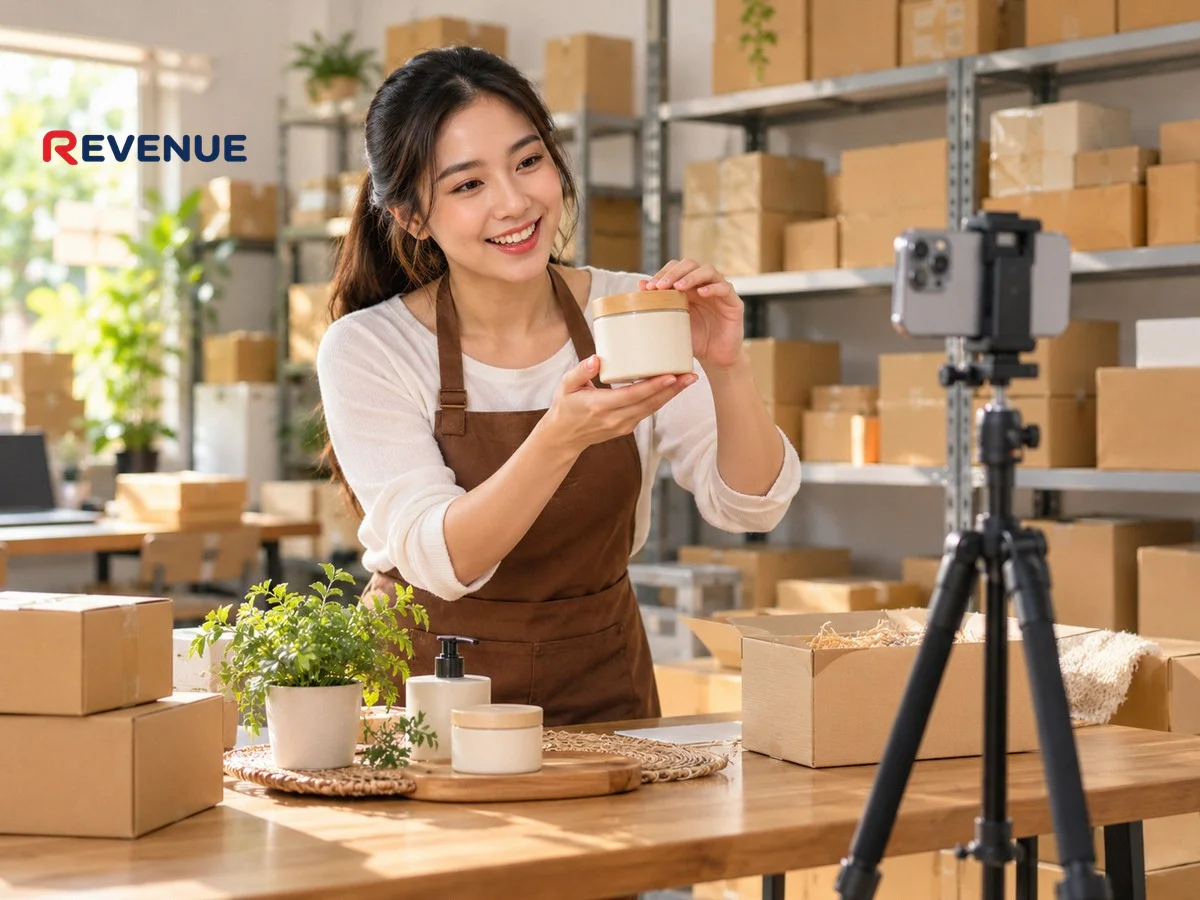 Chủ shop Việt ngoài ba mươi quay video bán hàng TikTok bằng điện thoại trong kho nhỏ