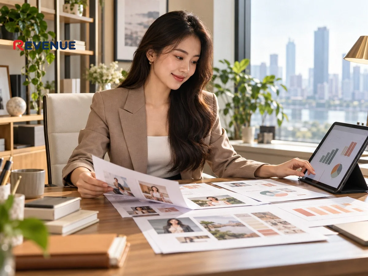 Cô gái trẻ mặc blazer ngồi bàn làm việc sắp xếp hồ sơ và máy tính bảng cho CV booking KOC