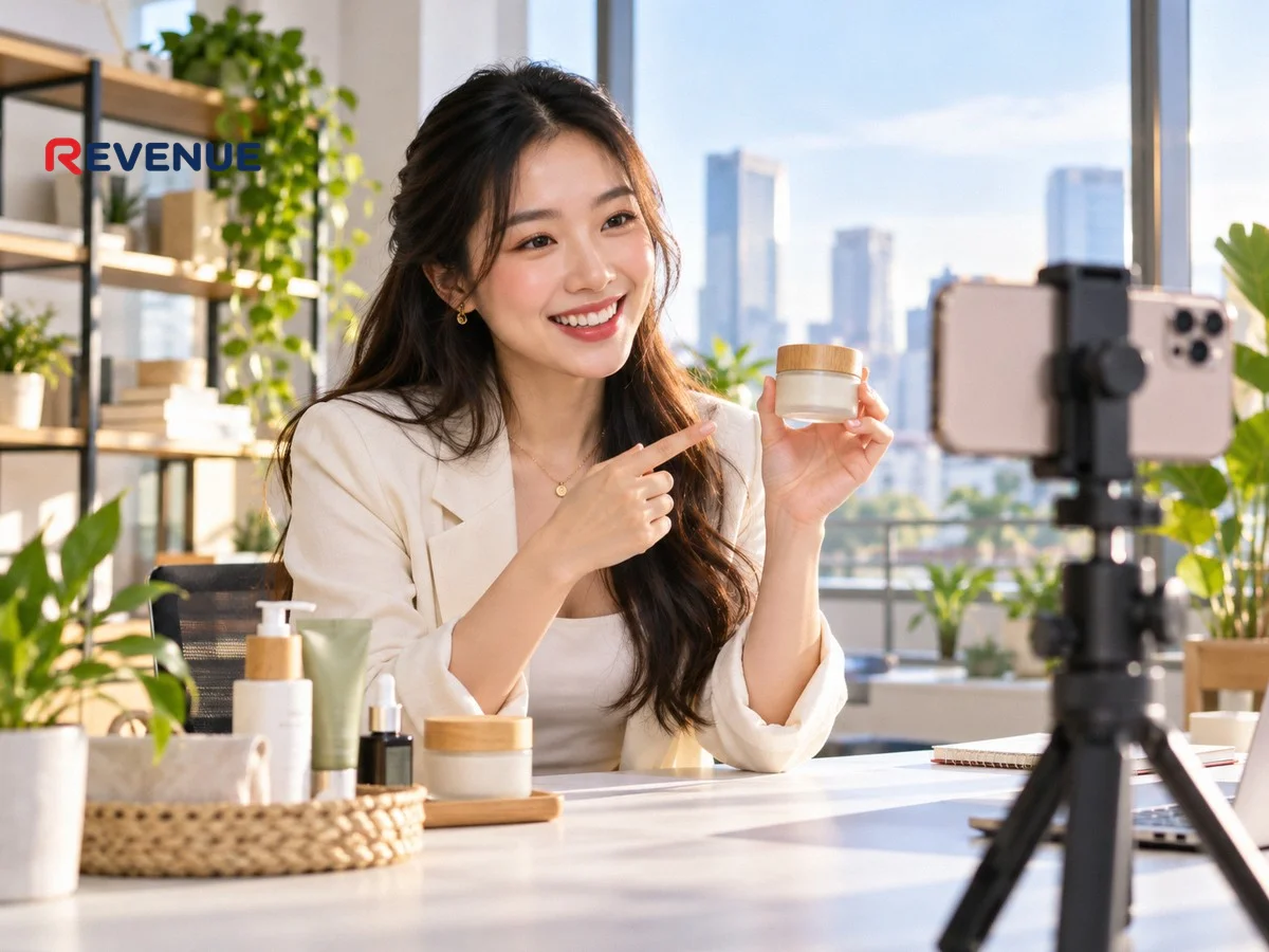Nhân viên marketing quay video TikTok bằng smartphone trong văn phòng hiện đại, mỉm cười kiểm tra màn hình