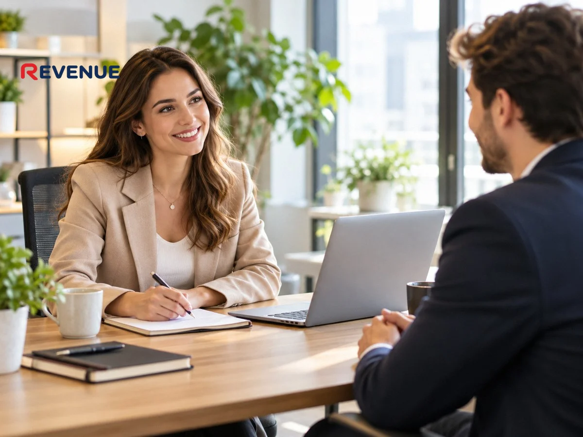 Nhà tuyển dụng trẻ phỏng vấn ứng viên trong văn phòng sáng, chuẩn bị cho tuyển dụng booking KOL KOC
