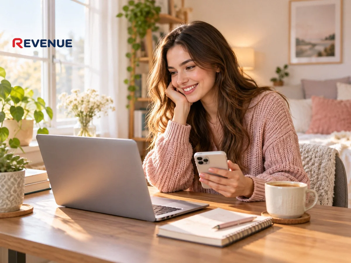 Cô gái trẻ làm việc remote tại nhà, cười tươi khi chat tuyển dụng booking KOL KOC