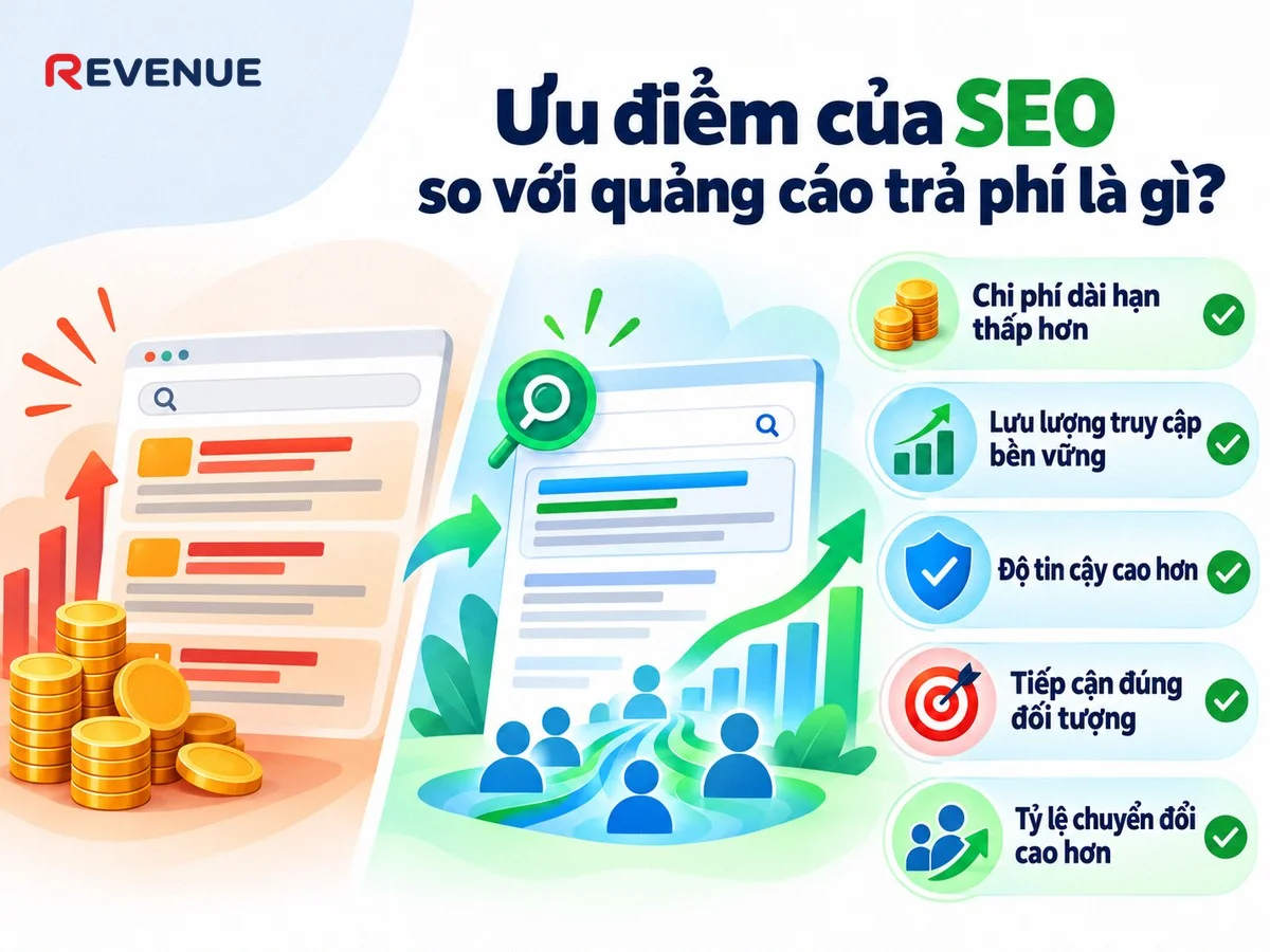 Ưu điểm của SEO so với quảng cáo trả phí là gì với chi phí dài hạn thấp hơn và lưu lượng bền vững