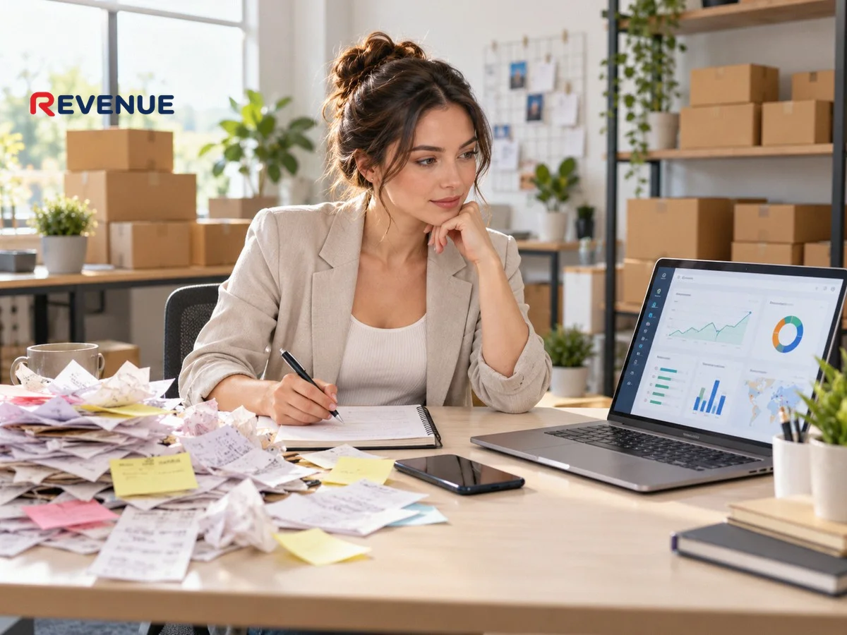 Marketer so sánh ghi chú giấy lộn xộn với dashboard laptop gọn gàng để quản lý booking KOC