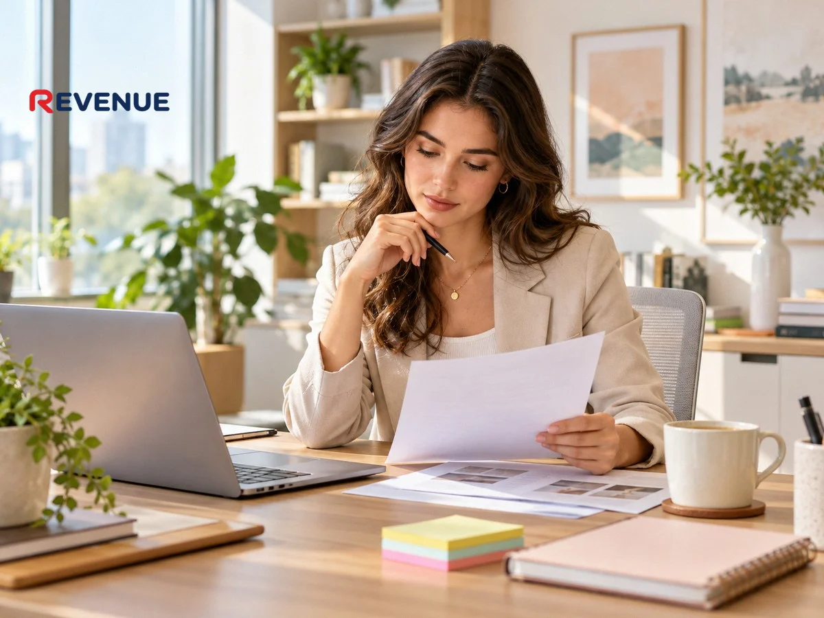 Nhân viên booking tập trung xem brief booking KOC in tại bàn làm việc có laptop