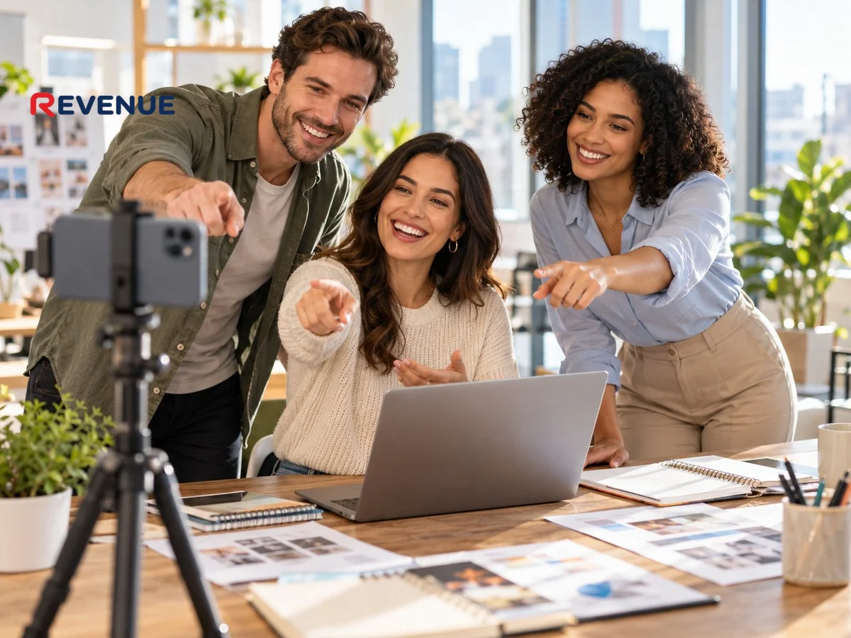Nhóm digital marketing bàn chiến lược tiktok quanh laptop và smartphone trong văn phòng sáng