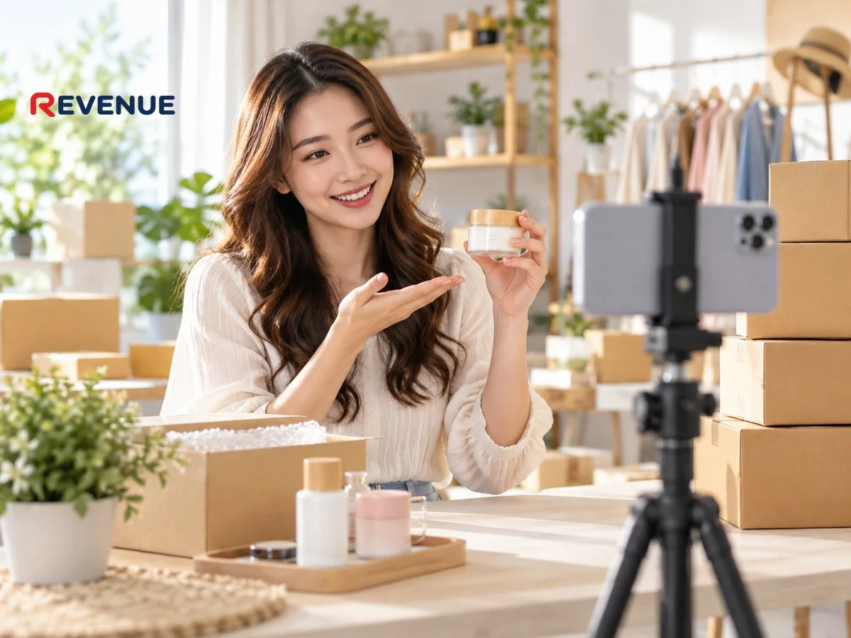 Cô gái trẻ quay video đánh giá sản phẩm bằng điện thoại trong studio tại nhà, sẵn sàng booking KOC affiliate