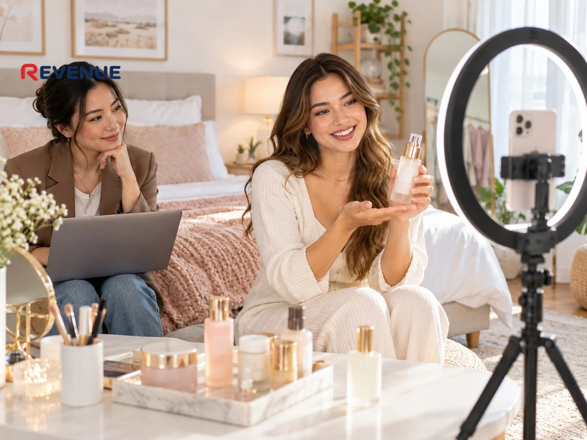 Cô gái trẻ quay video review mỹ phẩm trên điện thoại có đèn ring trong phòng ngủ sáng