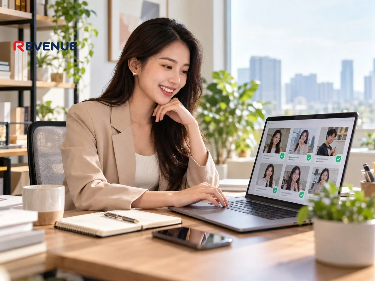 Marketer Việt so sánh hồ sơ KOC trên laptop tại văn phòng hiện đại, dùng nền tảng booking KOC