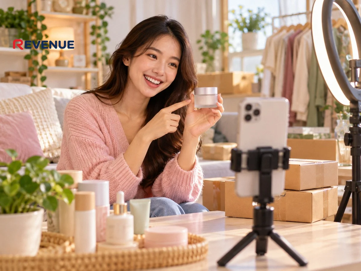 Cô gái trẻ quay video đánh giá sản phẩm bằng điện thoại trên tripod trong góc nhà ấm cúng