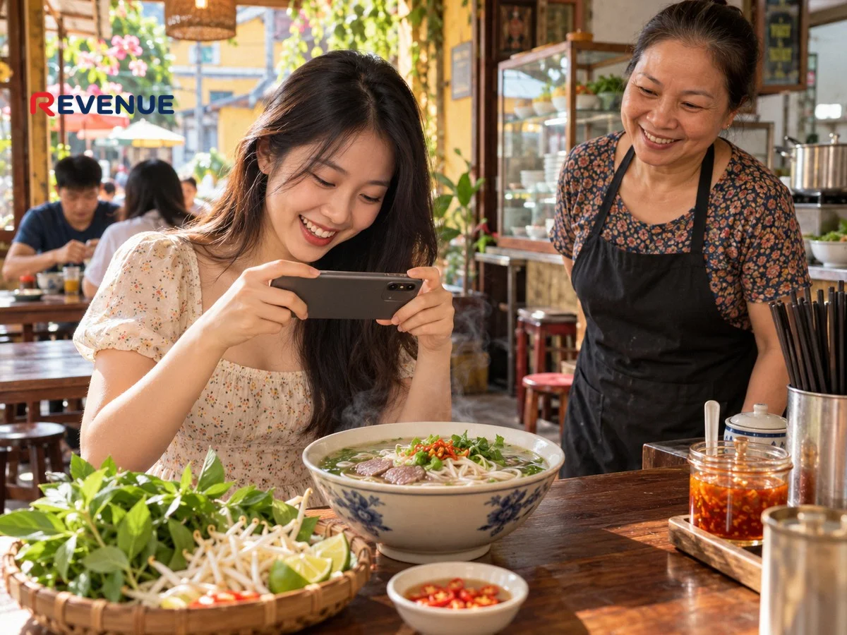 Cô gái trẻ quay món ăn bằng điện thoại trong quán nhỏ ở Hải Phòng