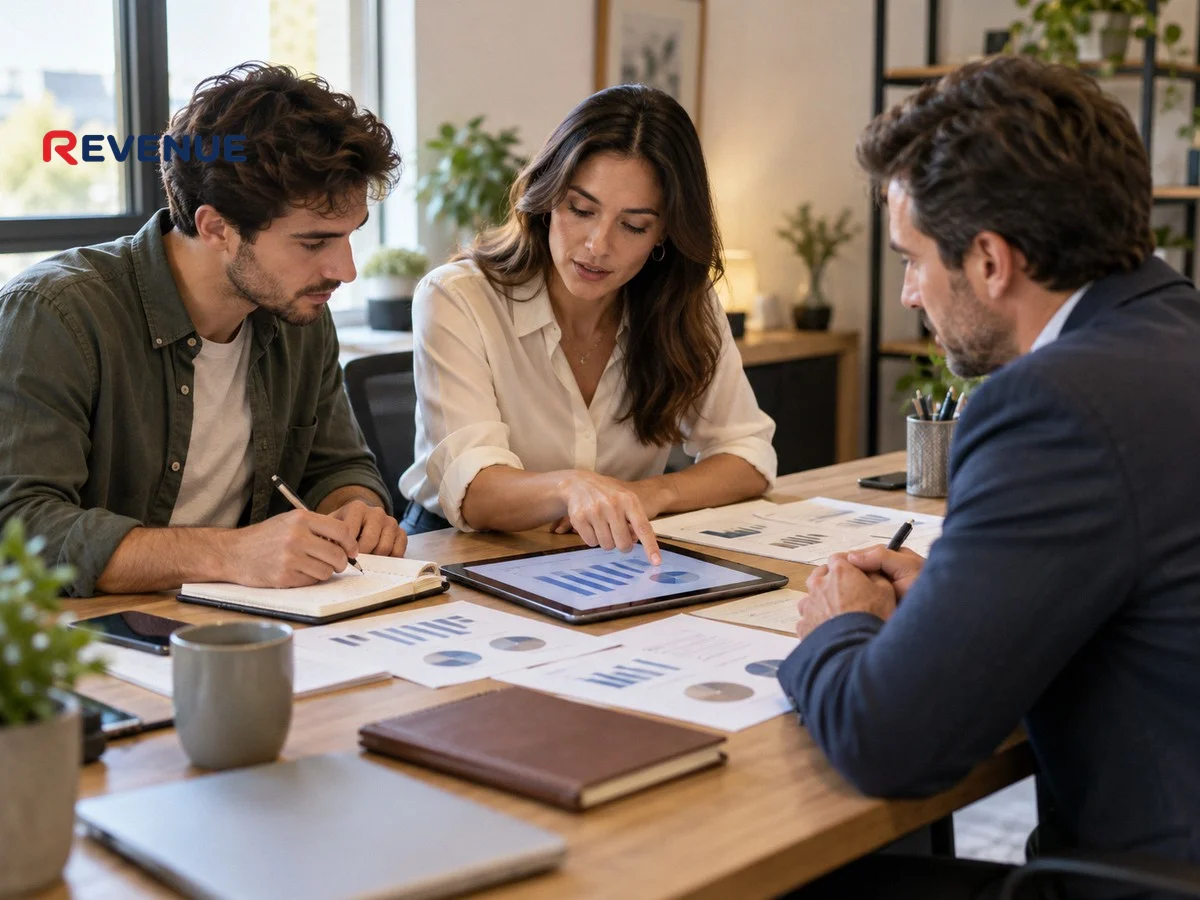 Chủ shop và marketer so sánh bảng giá booking KOC với đại lý qua máy tính bảng