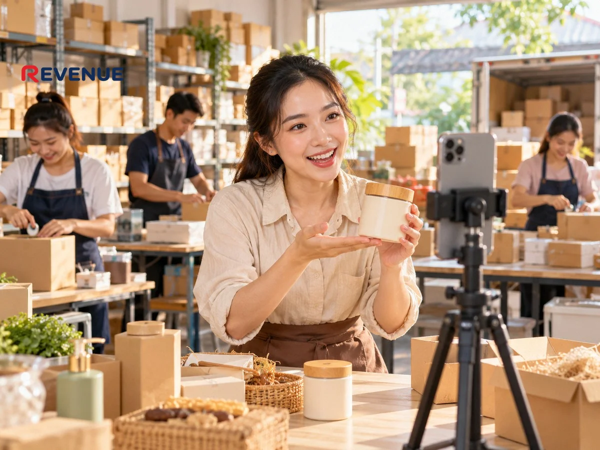 Chủ shop Việt quay video bán hàng trên smartphone trong kho nhỏ, đồng nghiệp đóng gói phía sau