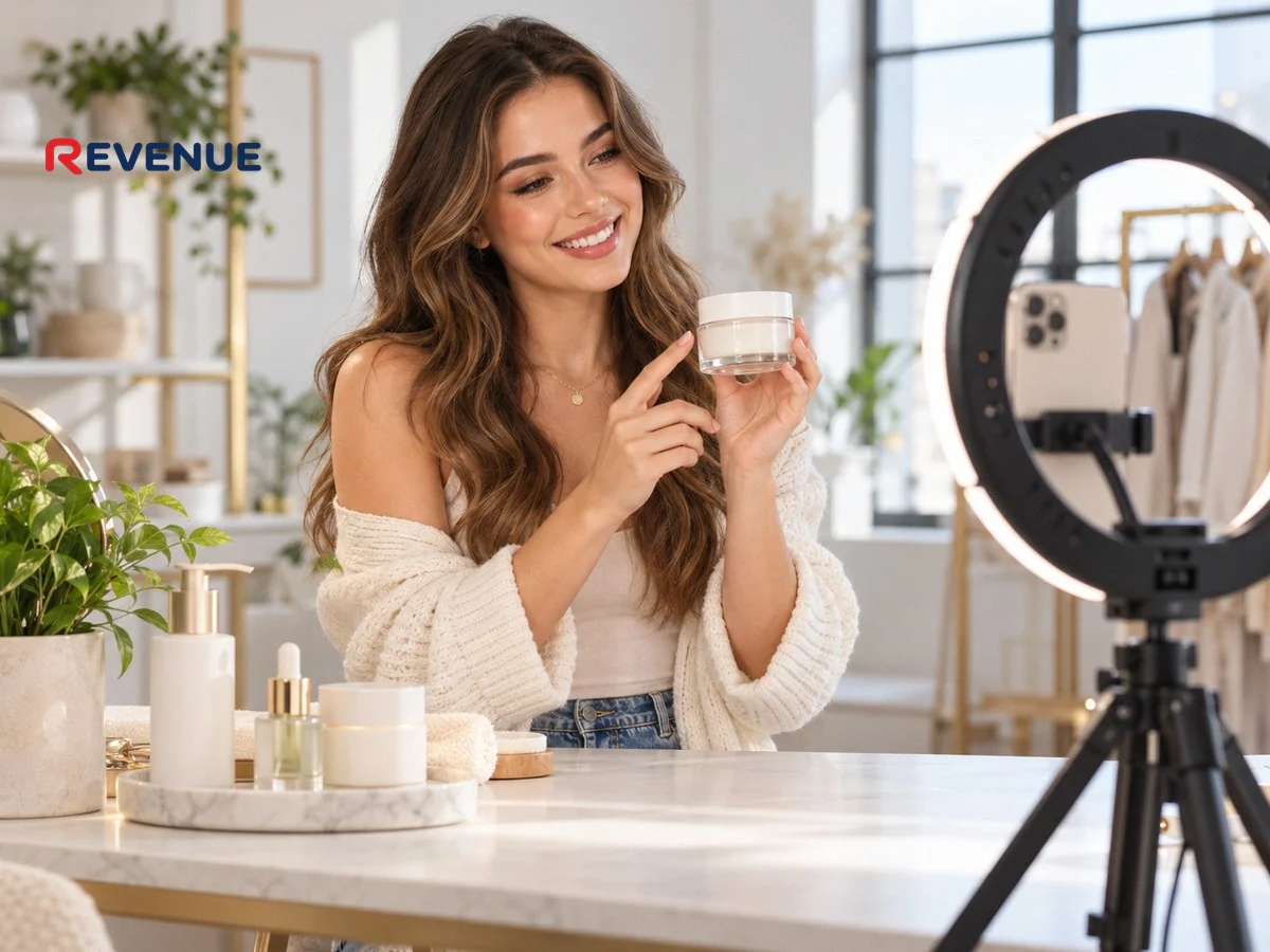 Cô gái trẻ quay video sản phẩm chăm sóc da bằng điện thoại và đèn ring light trong studio