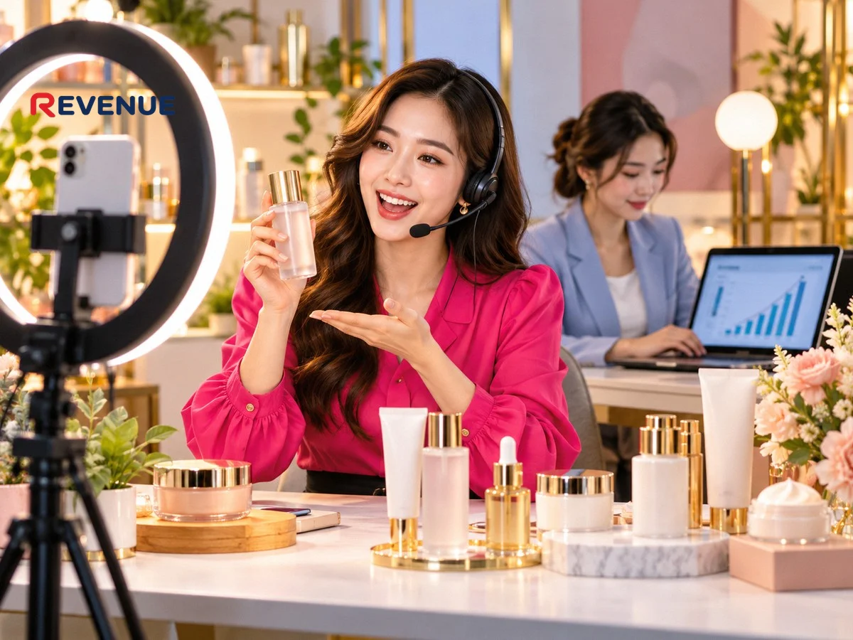 Cô gái tự tin đeo tai nghe livestream bán mỹ phẩm tại bàn có đèn ring, đồng nghiệp xem số liệu