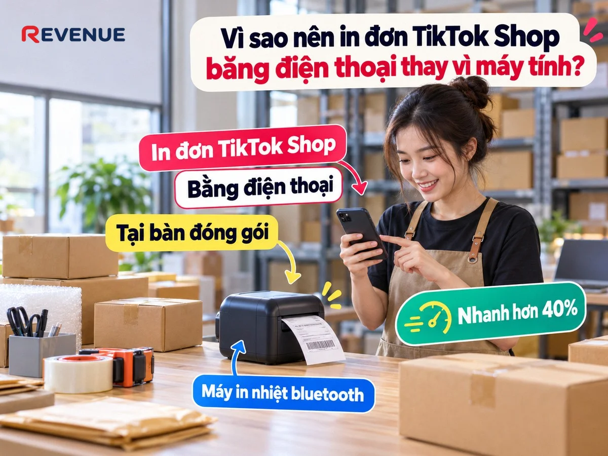 Vì sao nên in đơn TikTok Shop bằng điện thoại thay vì máy tính? Nhân viên kho đứng tại bàn đóng gói in ngay