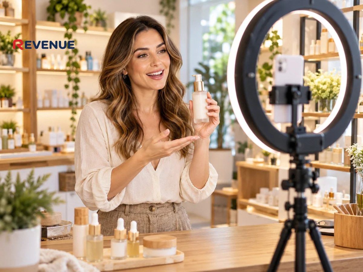 Người phụ nữ cầm chai mỹ phẩm quay video bán hàng trên TikTok trong cửa hàng sáng đèn
