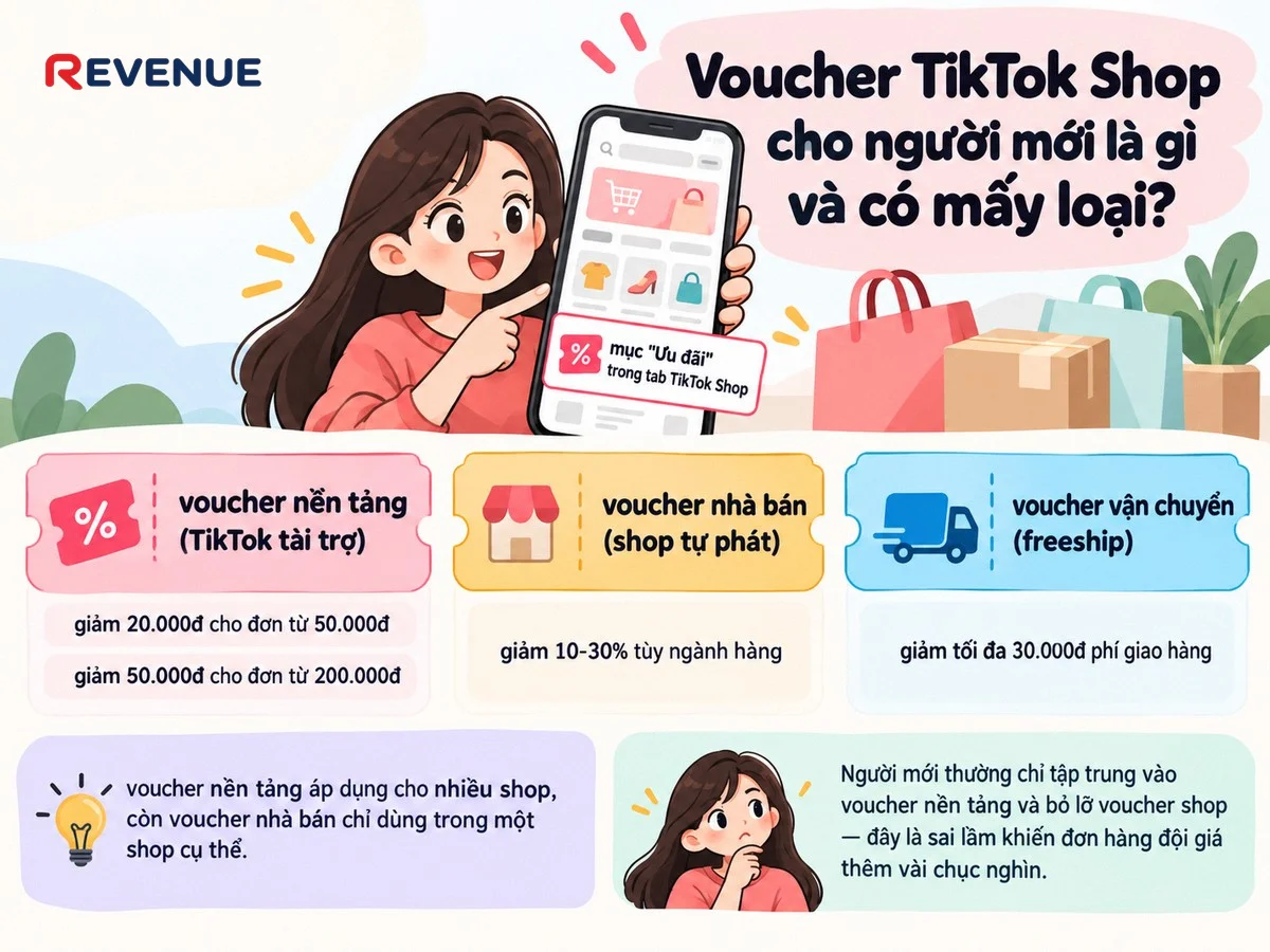 Tìm hiểu Voucher TikTok Shop cho người mới là gì và có mấy loại với ba nhóm voucher nền tảng, nhà bán và vận chuyển