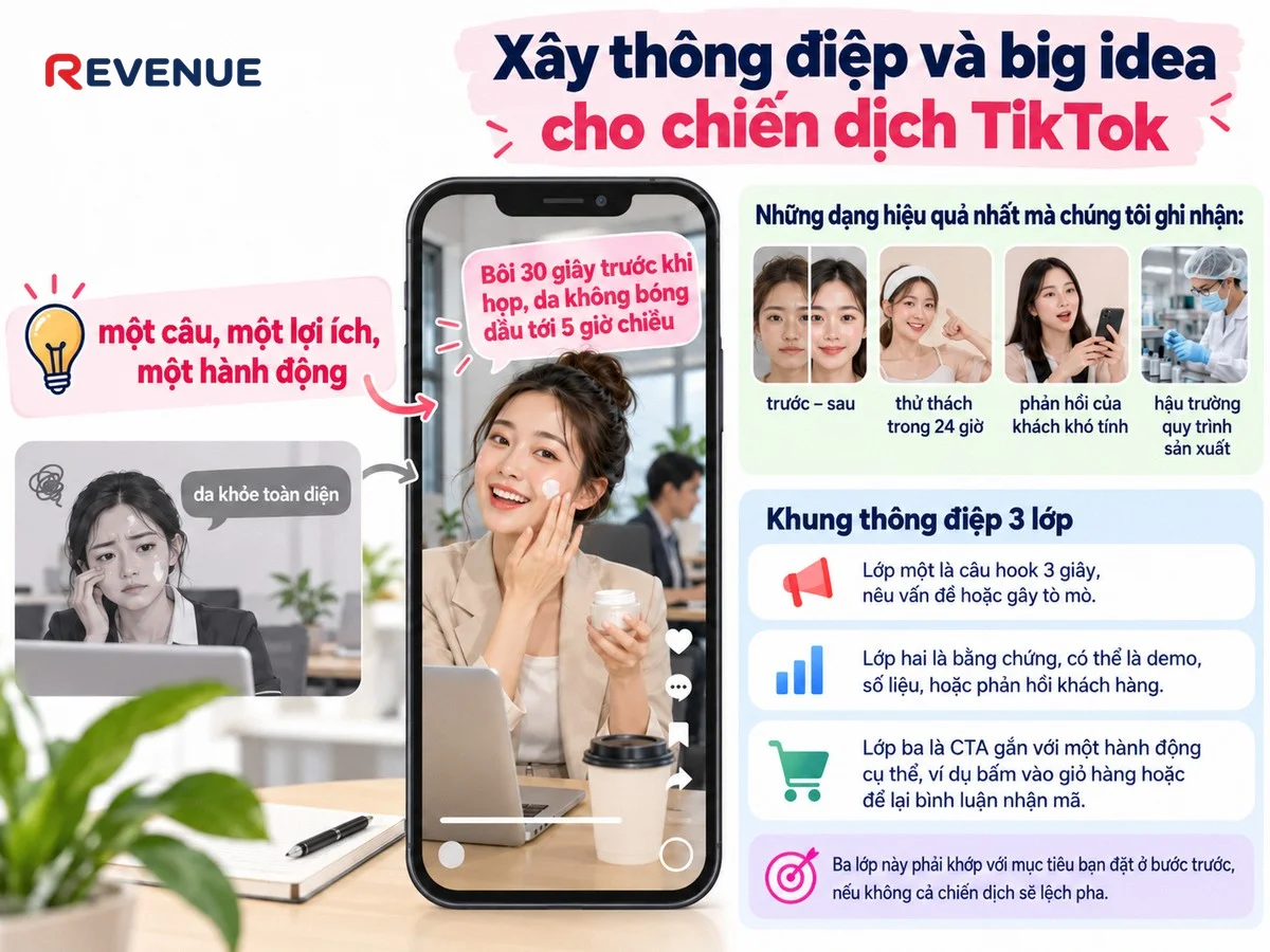 Xây thông điệp và big idea cho chiến dịch TikTok với ví dụ một câu, một lợi ích, một hành động