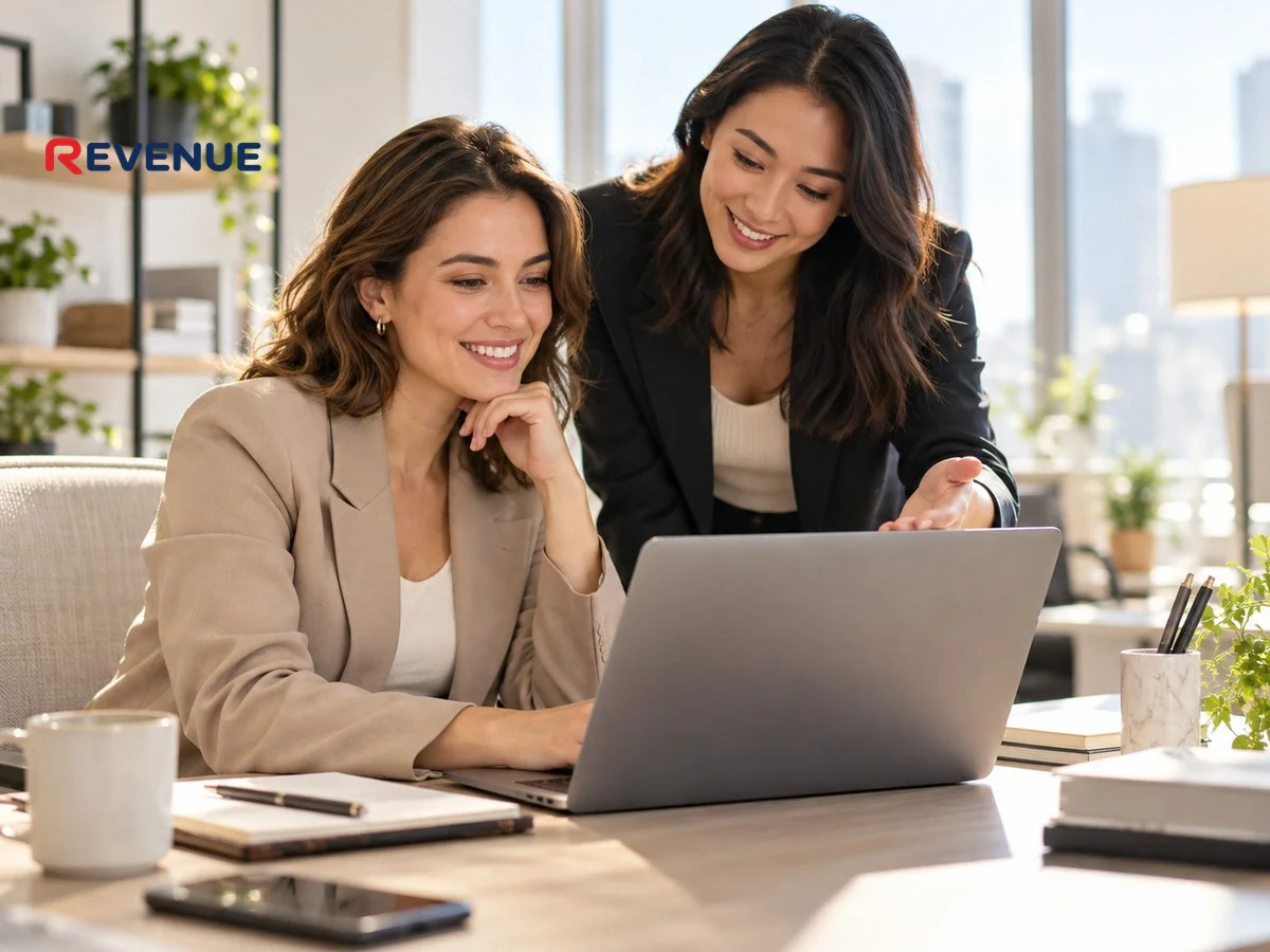 Nhân viên tuyển dụng booking KOL KOC xem portfolio trên laptop trong văn phòng sáng, đồng nghiệp bên cạnh